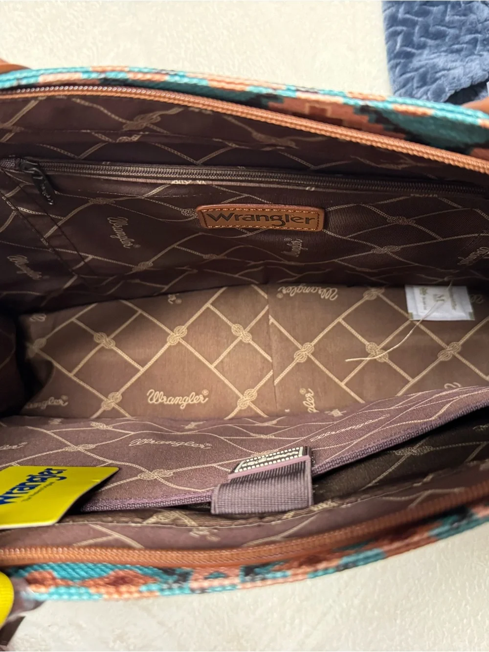 Wrangler Turquoise Aztec Pattern Tote with Brown Trim